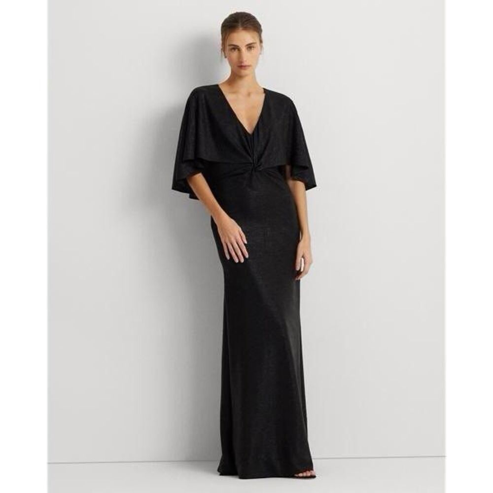 LAUREN RALPH LAUREN Women New 6 Maxi Dress Metallic Twist Front Cape Gown Black